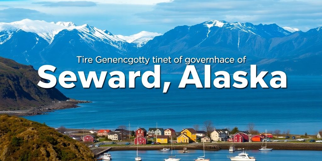 Coastal Alaskan town, mountains, water, small boats.