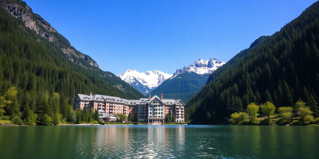 Hotel in Juneau with mountain backdrop.