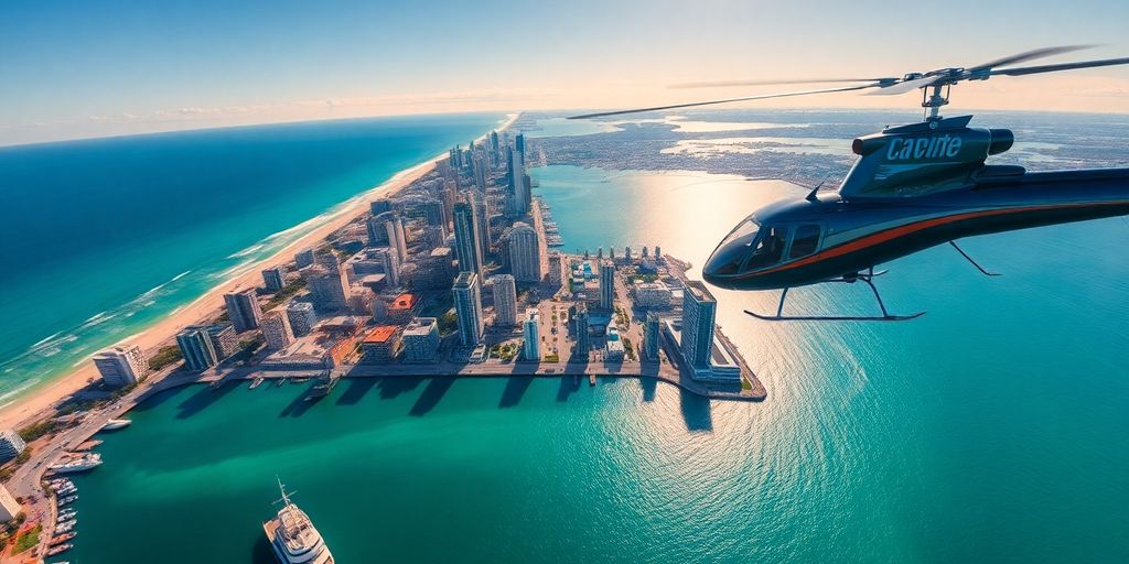 Miami skyline with helicopter flying over ocean.