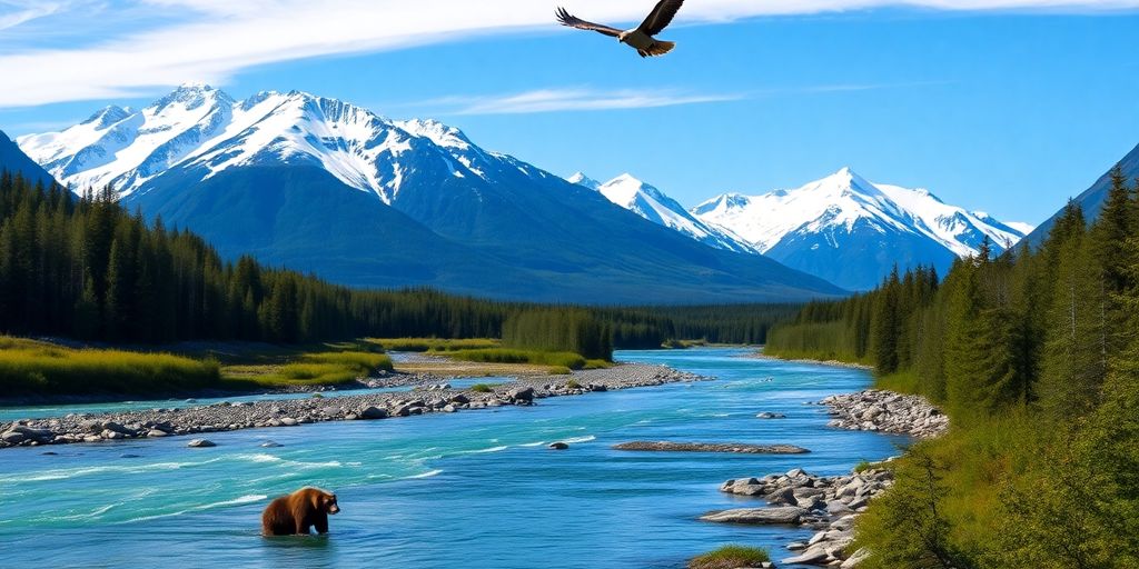 Alaskan landscape with wildlife.