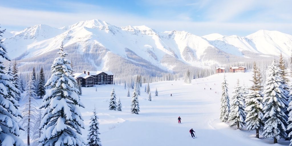 Snowy Alyeska Resort, skiers, mountains, and winter fun.