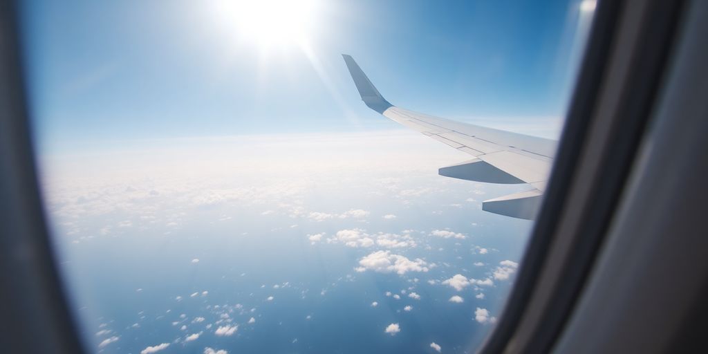 Airplane soaring, blue sky, white clouds, sunlit wing.