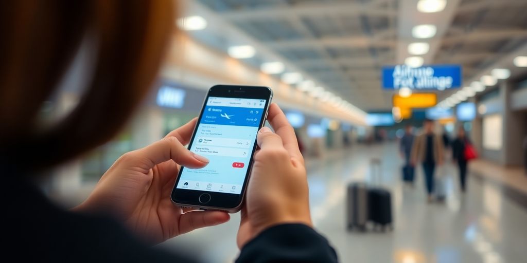 Woman checking in on phone at airport.