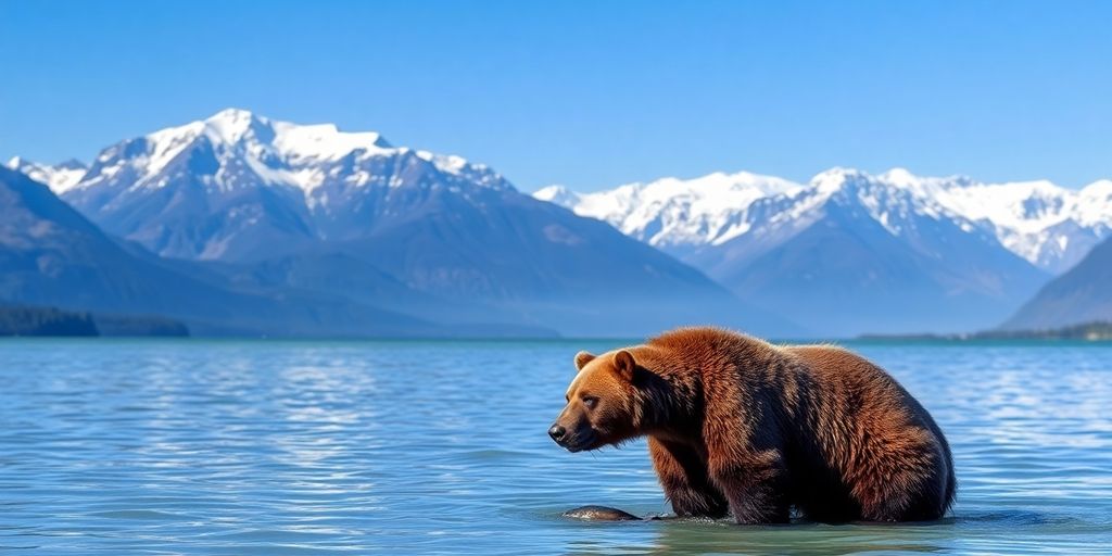 Alaskan landscape, mountains, water, and wildlife.