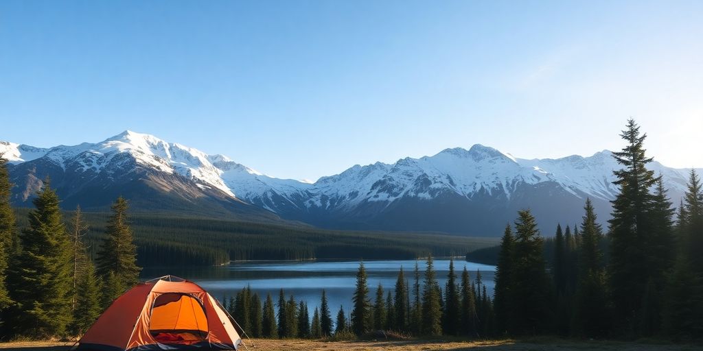 Tent in Alaskan wilderness, mountains, forest, lake, clear sky.