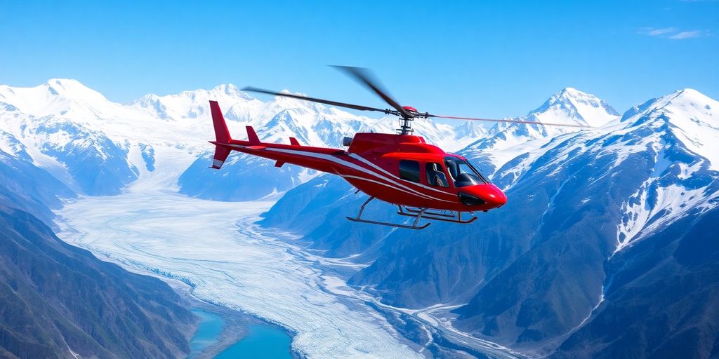 Helicopter above Alaskan mountains and glaciers.