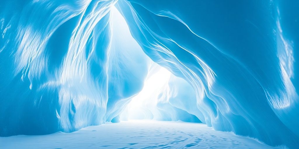 Inside an Alaskan ice cave shimmering with blue light.