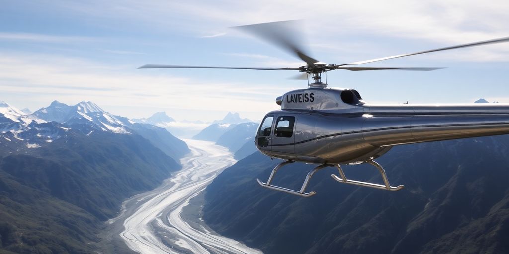Helicopter over Alaska mountains and glaciers