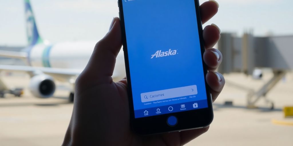 Smartphone with Alaska Airlines app, airplane in background.