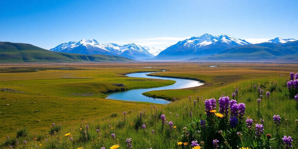 Alaskan summer landscape with wildflowers and mountains.