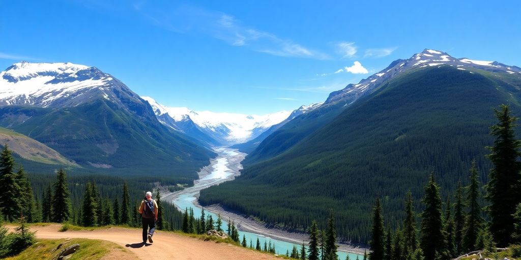 Hiker on trail, Alaskan mountains, lush forest, glacial river.