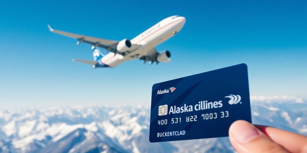 Snowy mountains, airplane, and credit card.