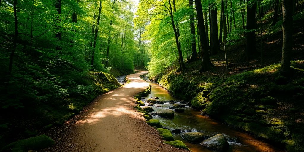 Lush forest trail with clear creek, vibrant green.