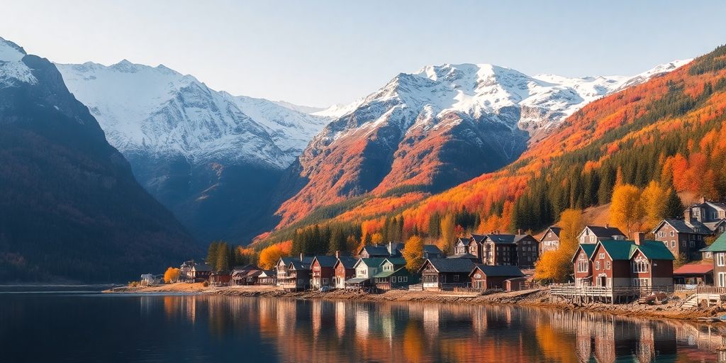 Colorful small Alaskan town by mountains and water.