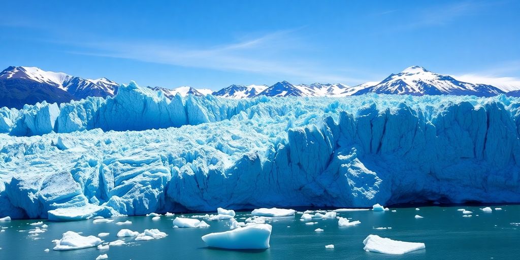 Alaskan glacier, icy blue, surrounded by mountains.