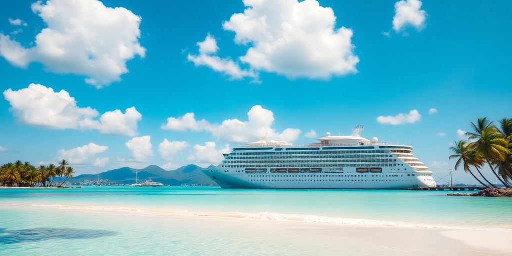 Cruise ship docked at a tropical island.