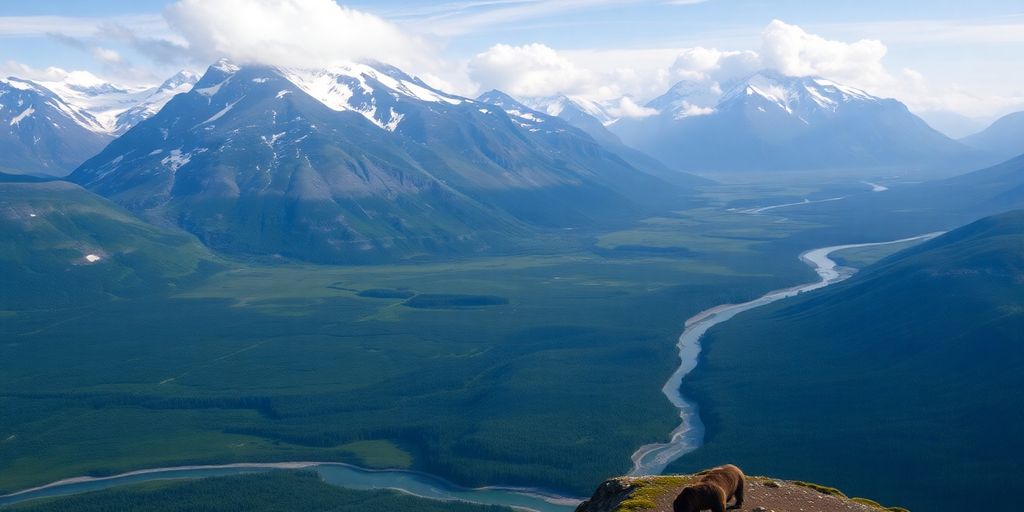 Aerial view of a brown bear in an Alaskan valley.