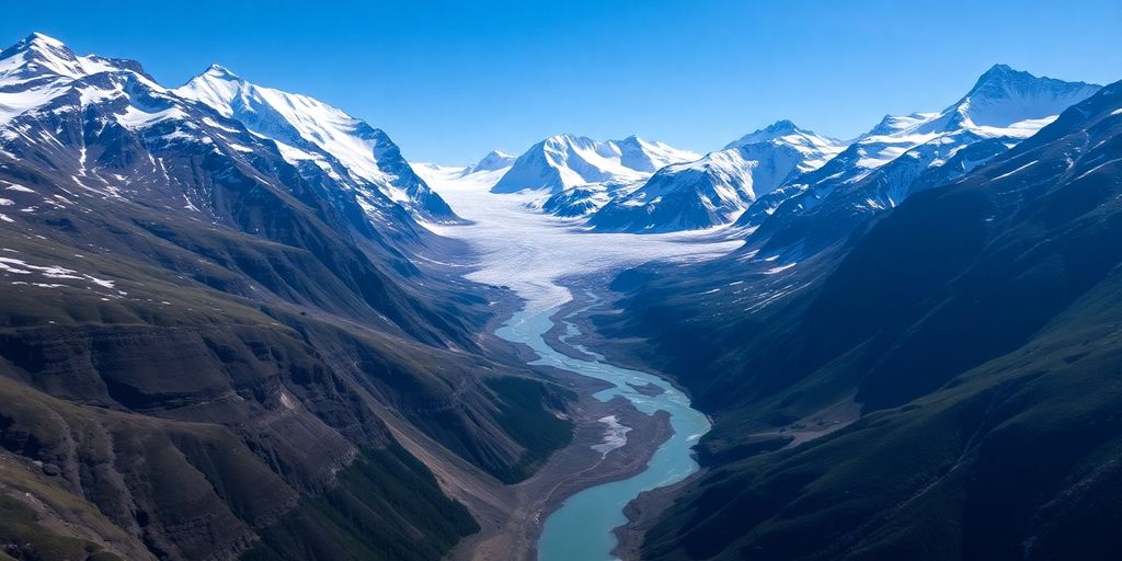 Aerial photograph of Alaskan mountains, glaciers, and winding rivers.