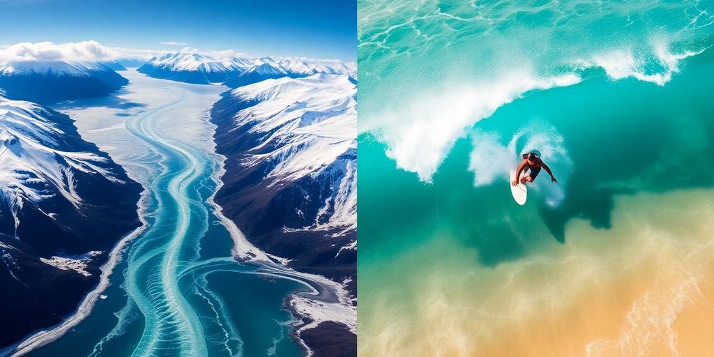 Split-image showing an Alaskan glacier and a Hawaiian surfer.