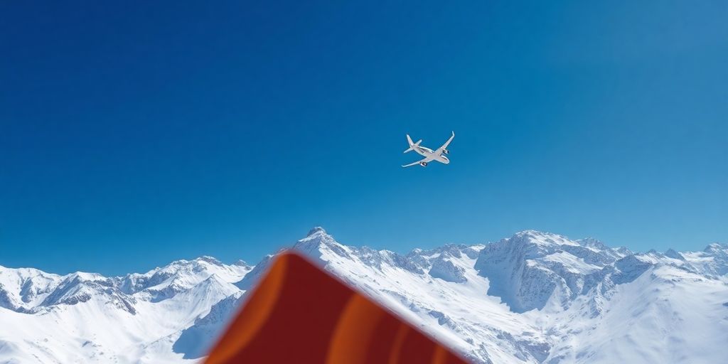 Snowy mountains, airplane, and credit card.