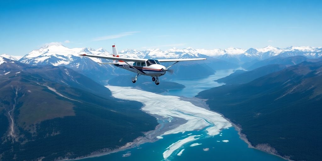 A small plane flies over snow-capped Alaskan mountains.
