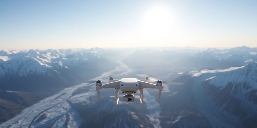 A helicopter flying over vast Alaskan glaciers and snowy mountains.