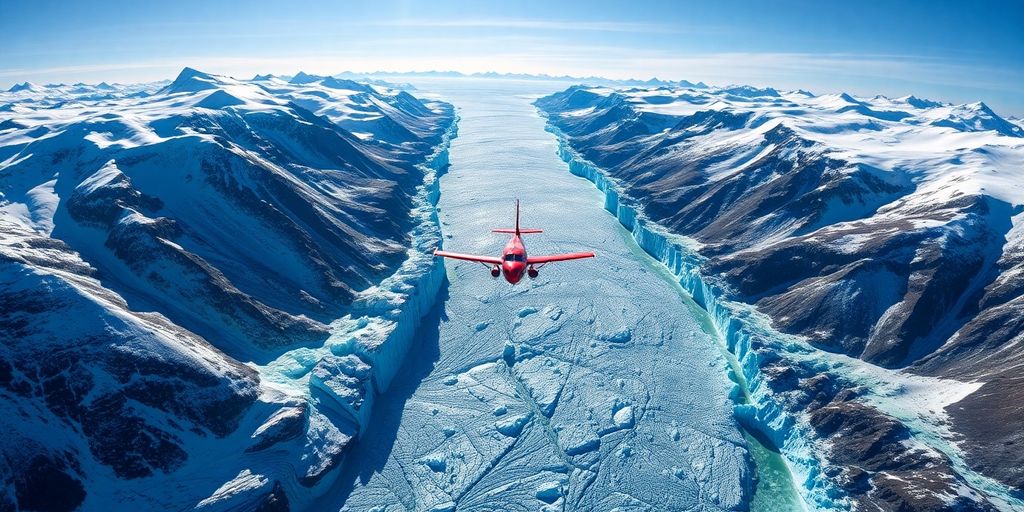 A small red airplane flying over a vast Alaskan glacier.