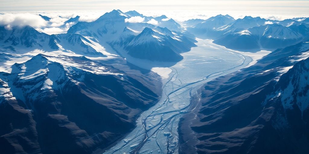 Aerial view of majestic snow-capped Alaskan mountains and glaciers.