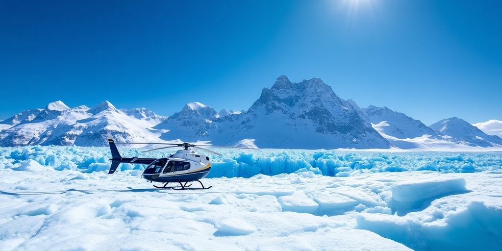 A Hughes MD500 helicopter on a vast Alaskan glacier.