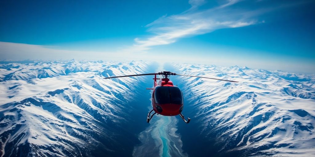 A helicopter flies over vast Alaskan mountains and glaciers.