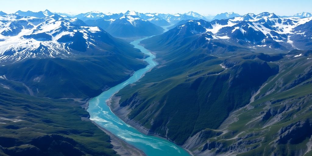 An aerial view of snow-covered Alaskan mountains and glacial rivers.