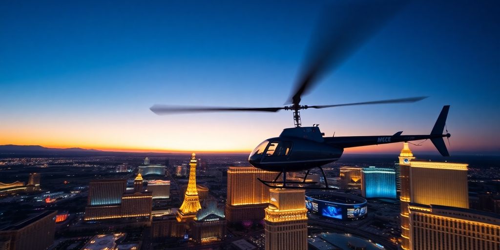 Helicopter soaring above Las Vegas Strip at dusk.
