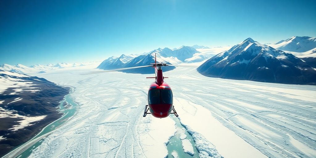 A helicopter flies over vast Alaskan glaciers and snowy mountains.