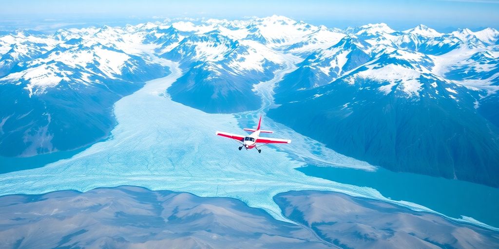 An aerial view of a plane over Alaskan glaciers.