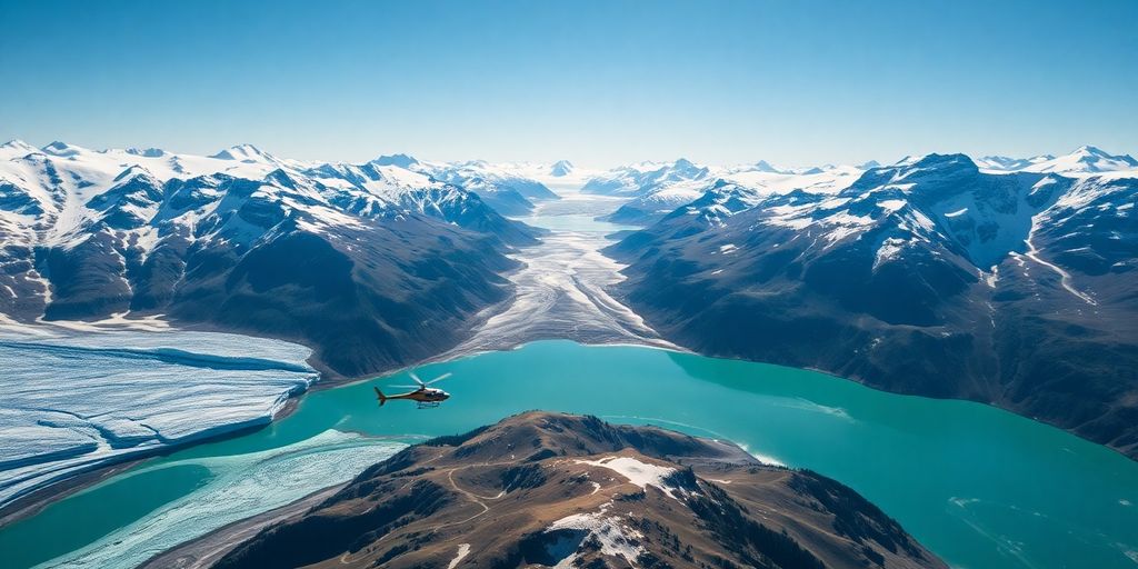 A helicopter flies above vast Alaskan glaciers and mountains.
