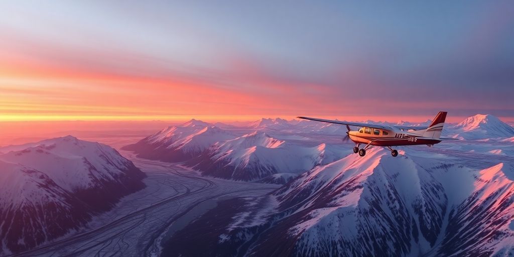 Small airplane flying over Alaskan mountains during a vibrant sunset.