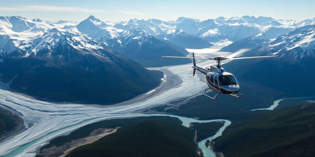 A helicopter flying over a majestic Alaskan mountain and glacier.