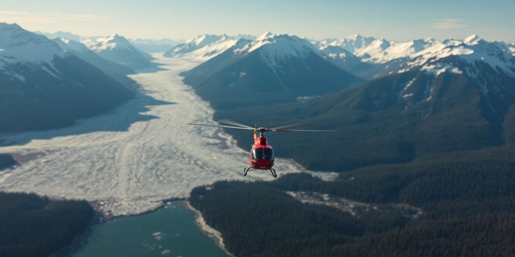 A helicopter flying over majestic, snow-covered Alaskan mountains and glaciers.