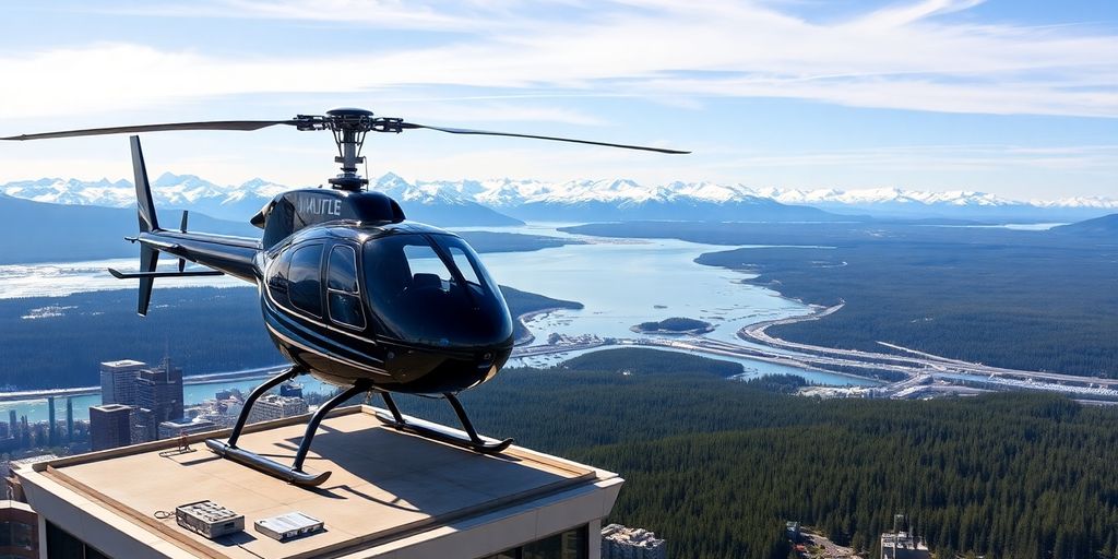 A helicopter on a NYC rooftop overlooking the Alaskan wilderness.