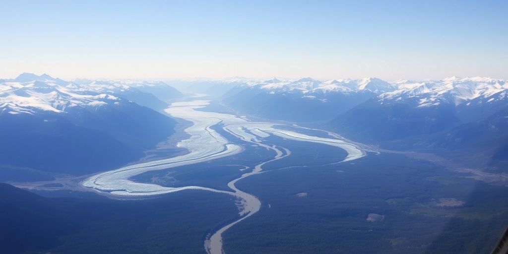 Helicopter flying over vast Alaskan mountains and glaciers.