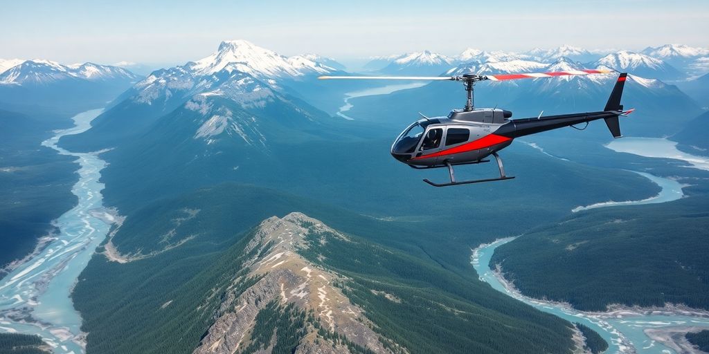 A helicopter flies over a vast, snow-covered Alaskan mountain range.