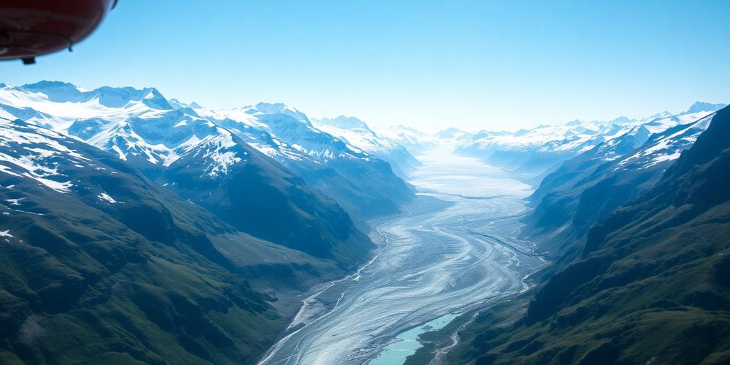 A helicopter flies over a vast Alaskan glacier and mountains.