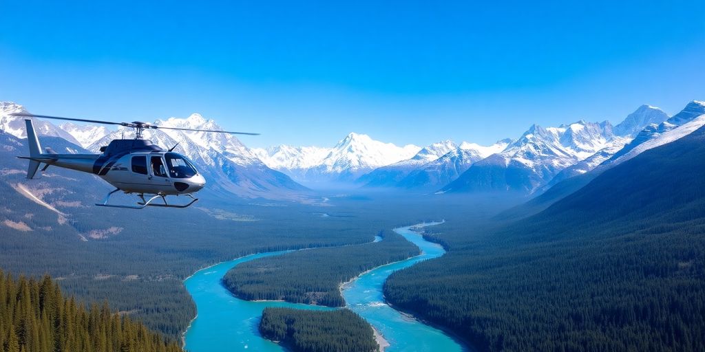 A helicopter flying over a vast mountain and river wilderness.