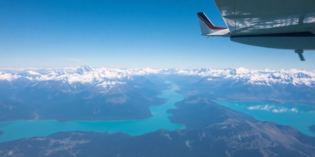 A small plane flies over majestic Alaskan mountains and lakes.