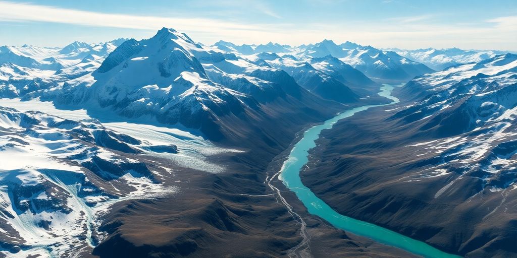 An aerial view of Alaskan mountains, glaciers, and rivers.