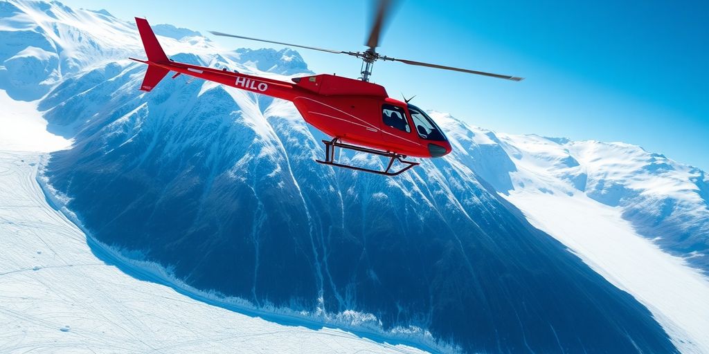 A red Hilo helicopter flies over a vast Alaskan glacier.