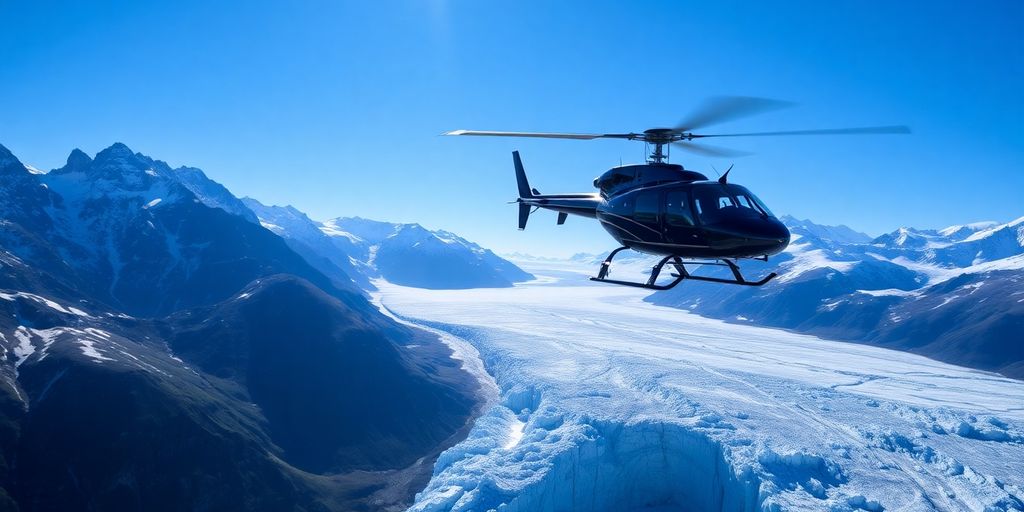 Helicopter flying over Alaskan mountains and glaciers