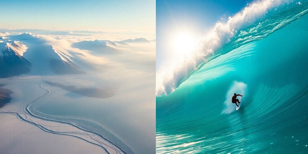 Alaskan mountains from above next to a surfer on a wave.