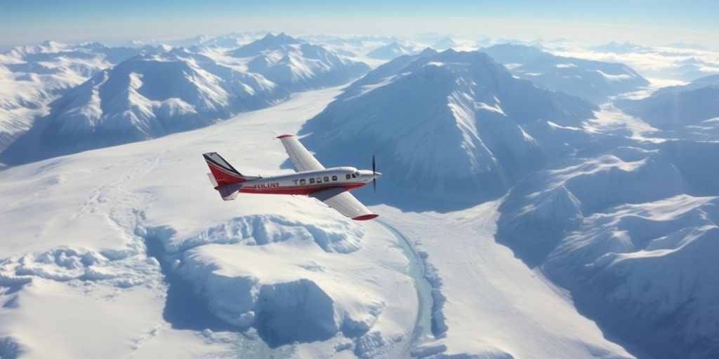 An airplane flies over a vast Alaskan glacier and mountains.