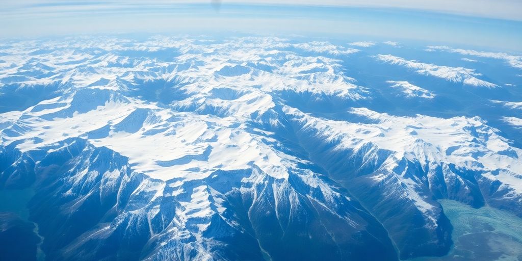 A small airplane flies over a snowy mountain range.